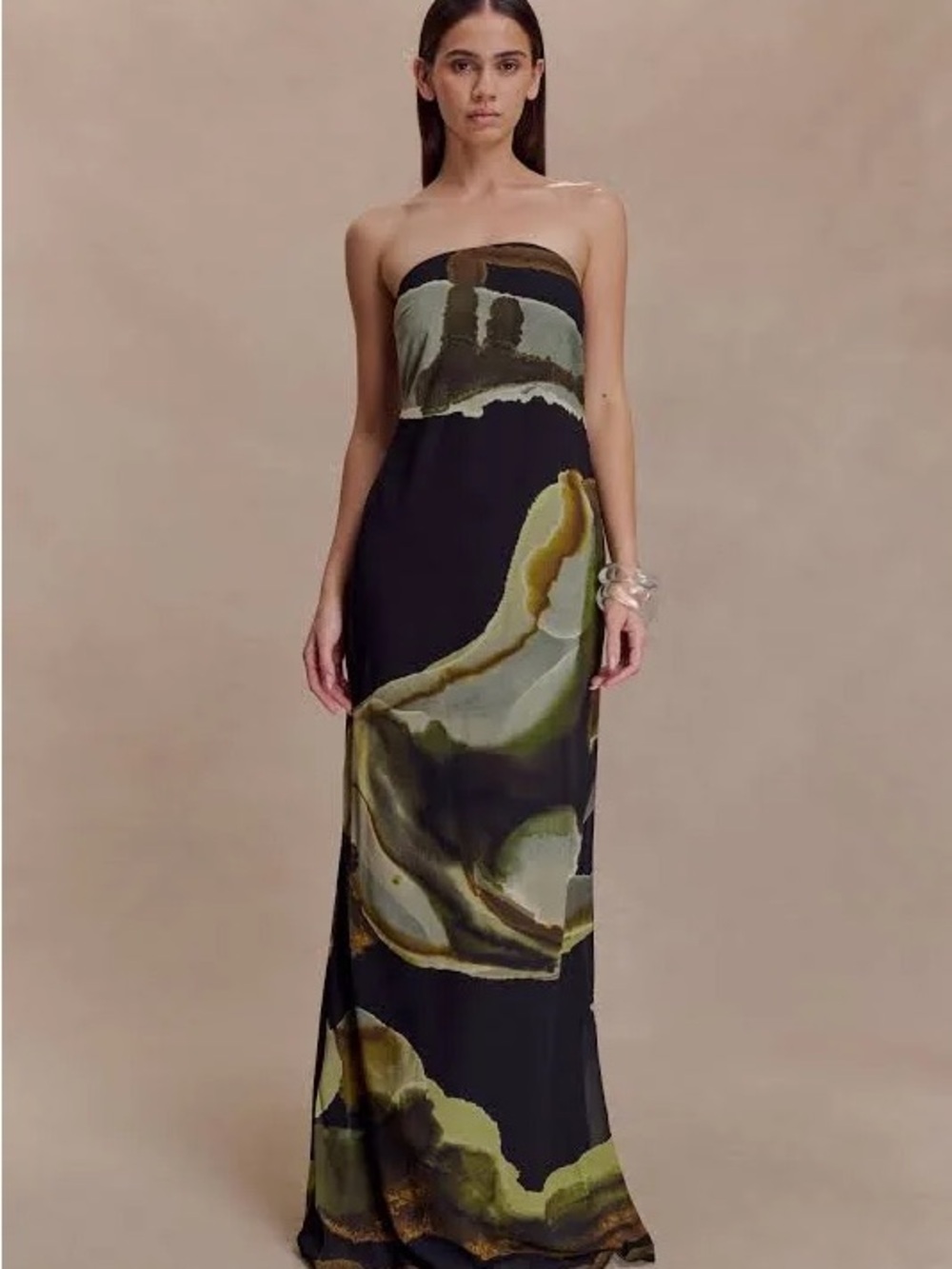Meshki Amaya Chiffon Strapless Printed Maxi Dress Green Brown Abstract Print